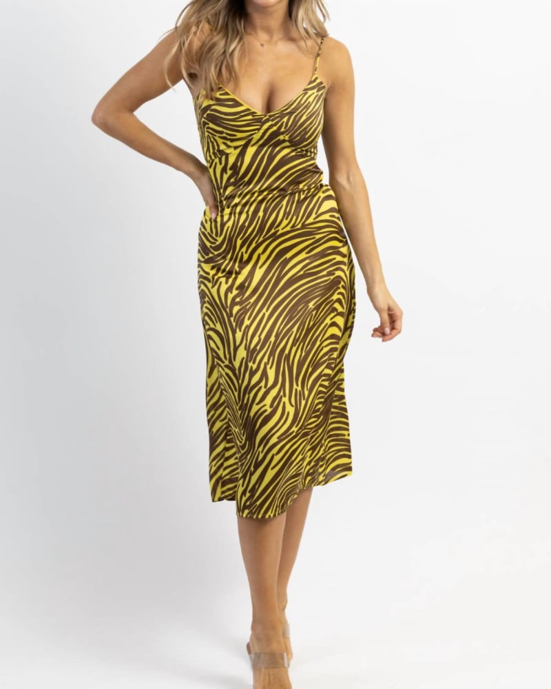 Front of a model wearing a size L Zebra Satin Midi Dress In Lime + Brown in Lime + Brown by ENDLESS BLU.. | dia_product_style_image_id:357010